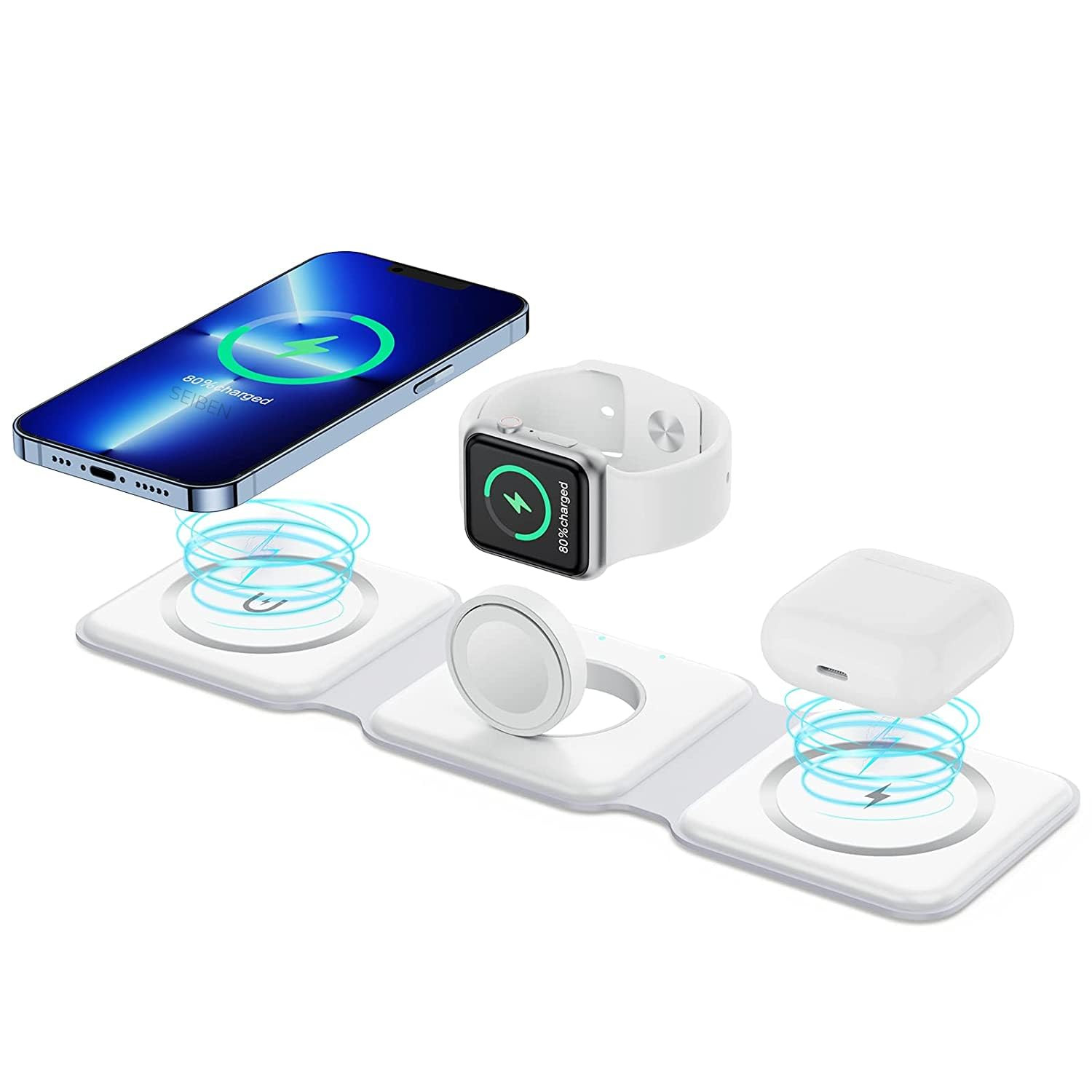 3 in 1 Magnetic Foldable MagSafe Compatible Wireless Charger for iPhone 16 to 12 Series  AirPods 23ProPro2  Compatible with only Apple Watch Series  23W Charging  Wireless Charger - Pearl White