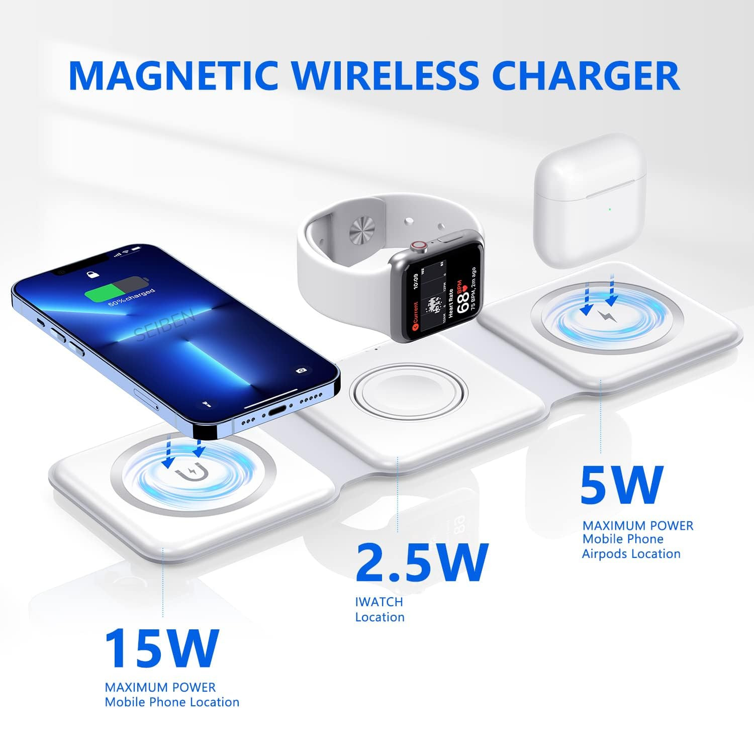 3 in 1 Magnetic Foldable MagSafe Compatible Wireless Charger for iPhone 16 to 12 Series  AirPods 23ProPro2  Compatible with only Apple Watch Series  23W Charging  Wireless Charger - Pearl White