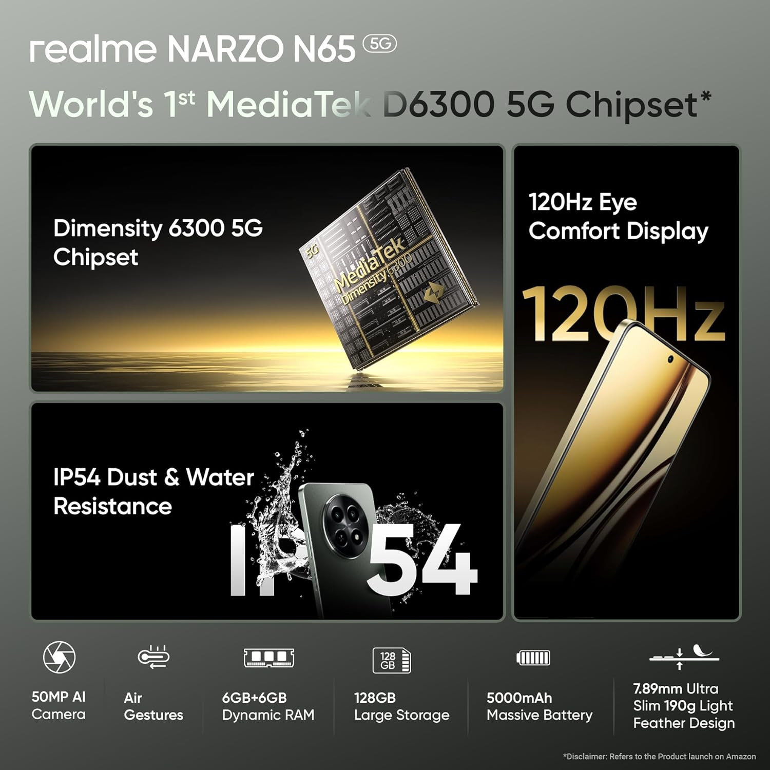 realme NARZO N65 5G Deep Green 6GB RAM 128GB Storage Indias 1st D6300 5G Chipset  Ultra Slim Design  120Hz Eye Comfort Display  50MP AI Camera Charger in The Box