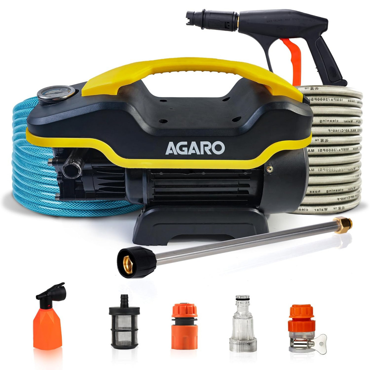 AGARO Galaxy High Pressure Washer Car Washer 1900 Watts Motor 130 Bars 7LMin Flow Rate 8 Meters Outlet Hose Portable Car Bike  Home Cleaning Purpose Yellow  Black