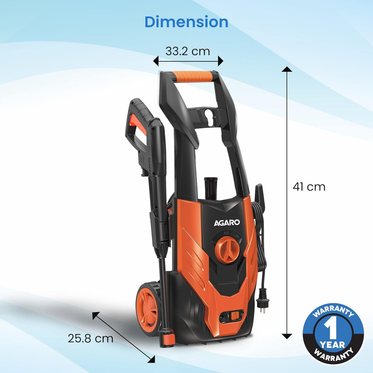 AGARO Grand High Pressure Washer 1500 Watts 110 Bars 65LMin Flow Rate 5 Meters Outlet HoseUpright Design with Wheel for CarBike and Home Cleaning Purpose Free Turbo Nozzle Black and Orange