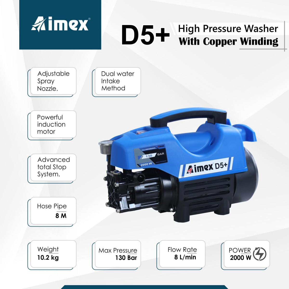 Aimex D5 High Pressure Car Washer Machine for Cleaning Car Bike  Home with 2000 Watts and Pressure 130 Bar with Copper Winding D5