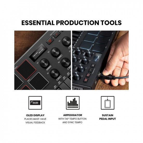 AKAI Professional MPK Mini MK3 - 25 Key USB MIDI Keyboard Controller With 8  Backlit Drum Pads, 8 Knobs and Music Production Software included, Black