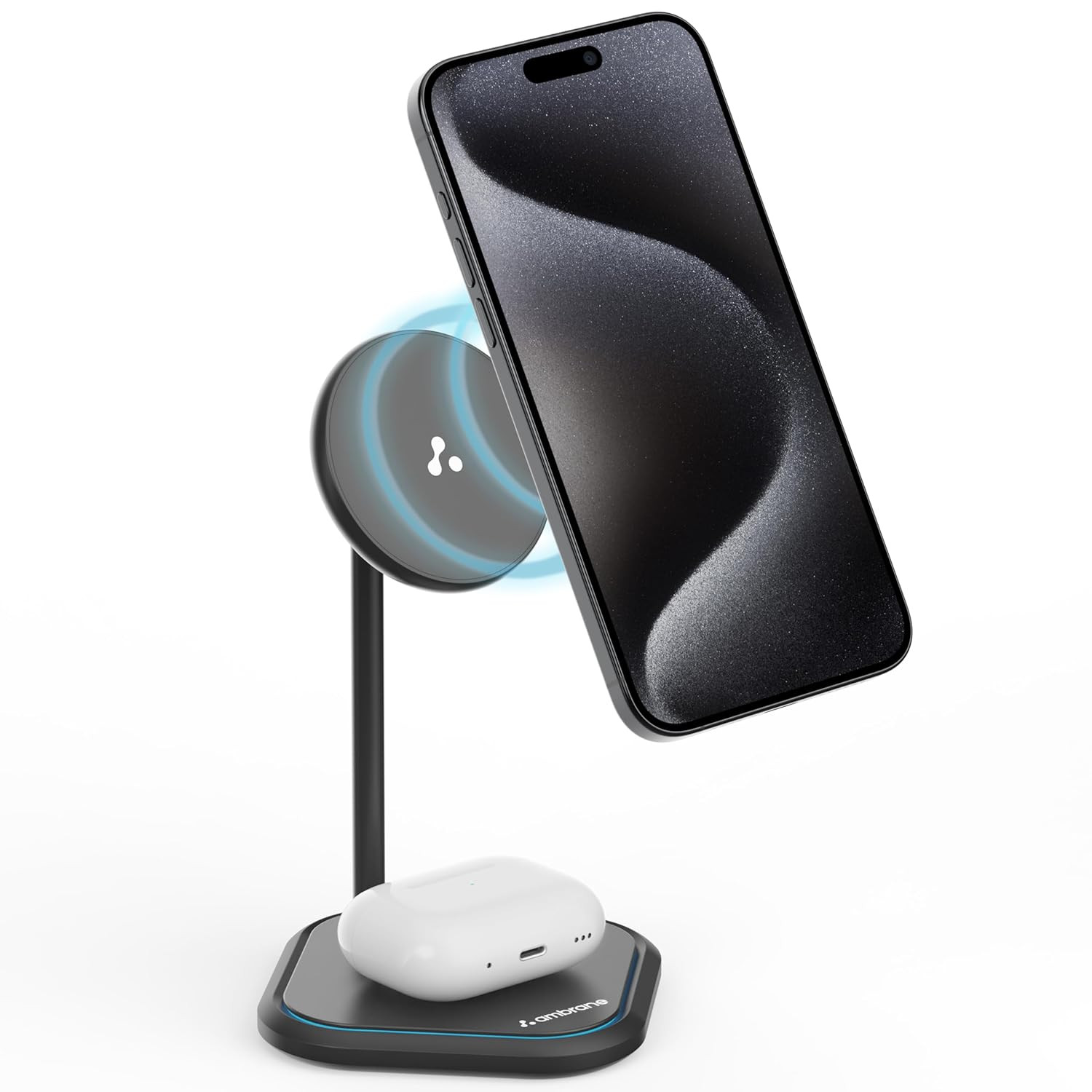 Ambrane 20W MagSafe 2in1 Wireless Charger  Mobile Stand for Both iPhone  Airpods iPhone 1515 Plus15 Pro15 Pro Max iPhone 121314 Series  Qi Devices  Magnetic Ring Aerosync Duo Black