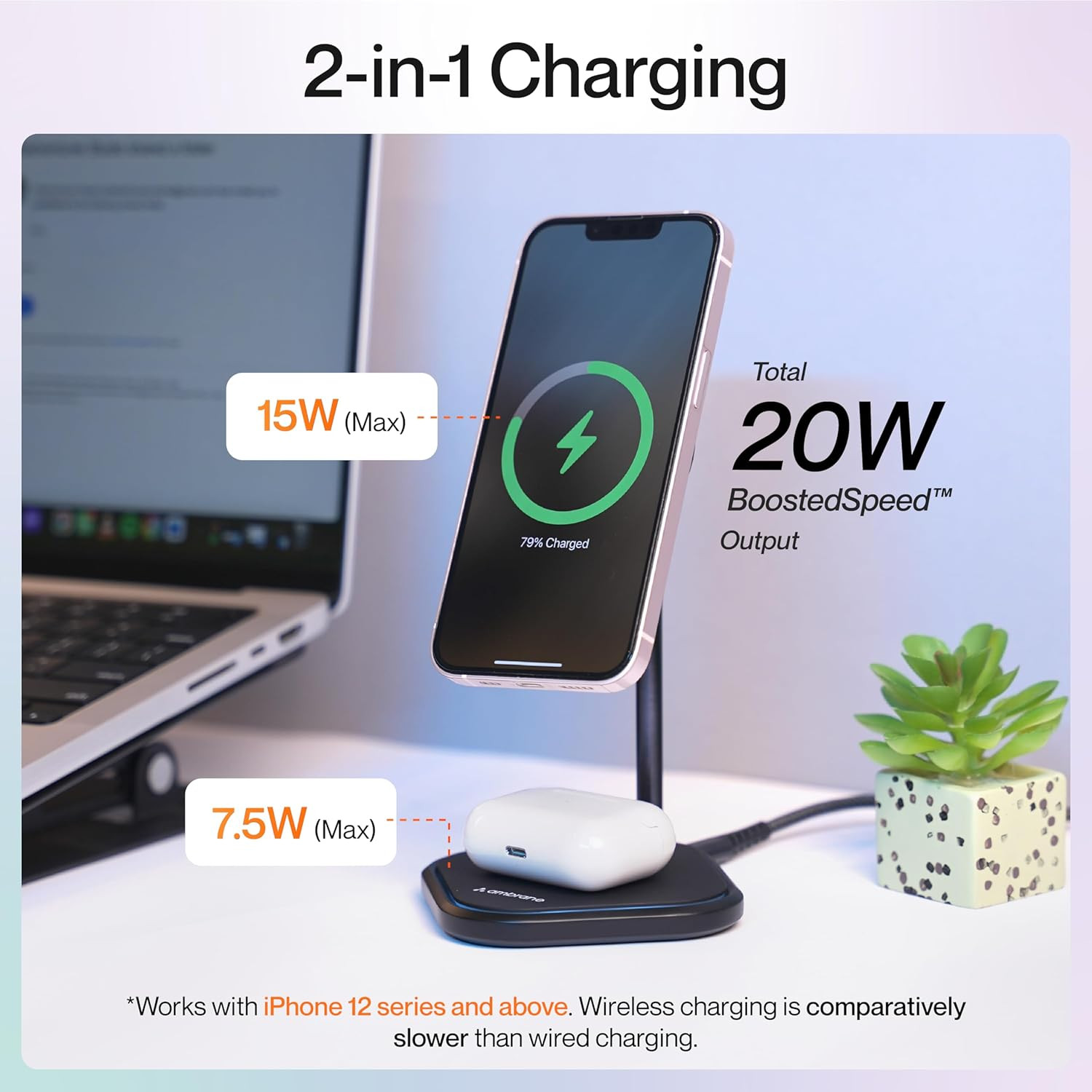 Ambrane 20W MagSafe 2in1 Wireless Charger  Mobile Stand for Both iPhone  Airpods iPhone 1515 Plus15 Pro15 Pro Max iPhone 121314 Series  Qi Devices  Magnetic Ring Aerosync Duo Black