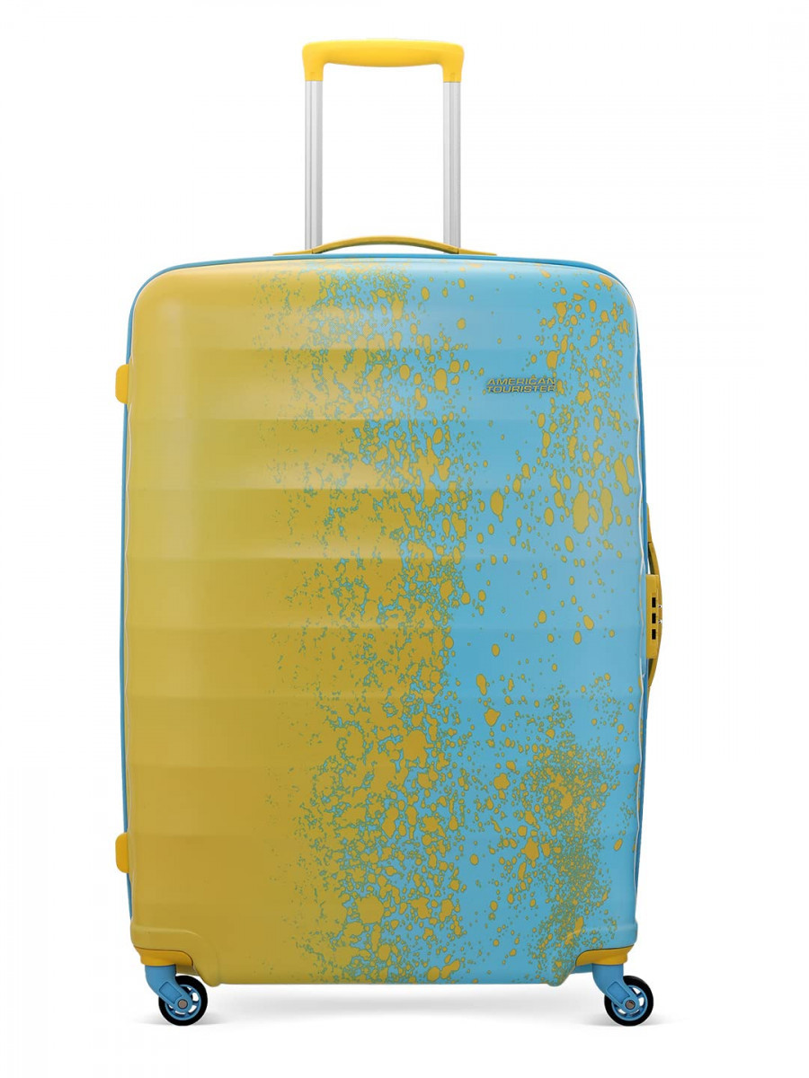 American Tourister Geller Spinner 69 cms Medium Check-in Polycarbonate Hard Sided Printed Colourful LuggageTrolley Bag with TSA Lock for Men and Women Yellow and Blue