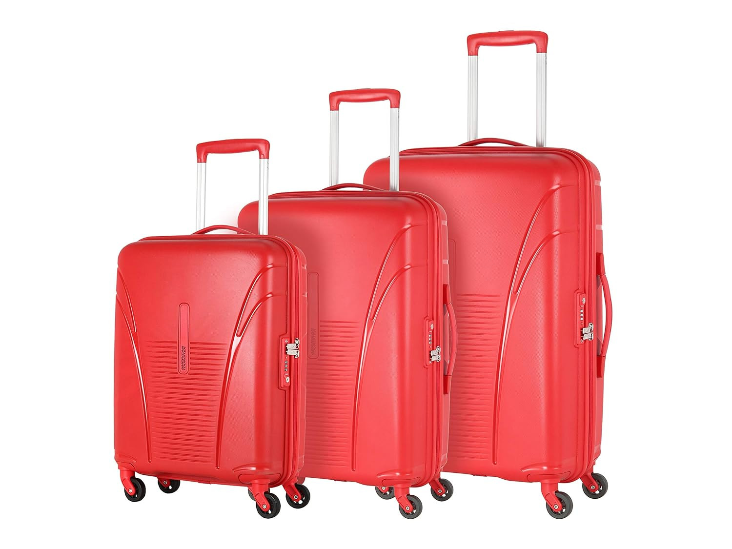 American Tourister Ivy 3 Pc Set 55 Cms 68 Cms  77 Cms Small Medium  Large Polypropylene PP Hard Sided 4 Spinner Wheels LuggageTrolley Bag with TSA Lock Red