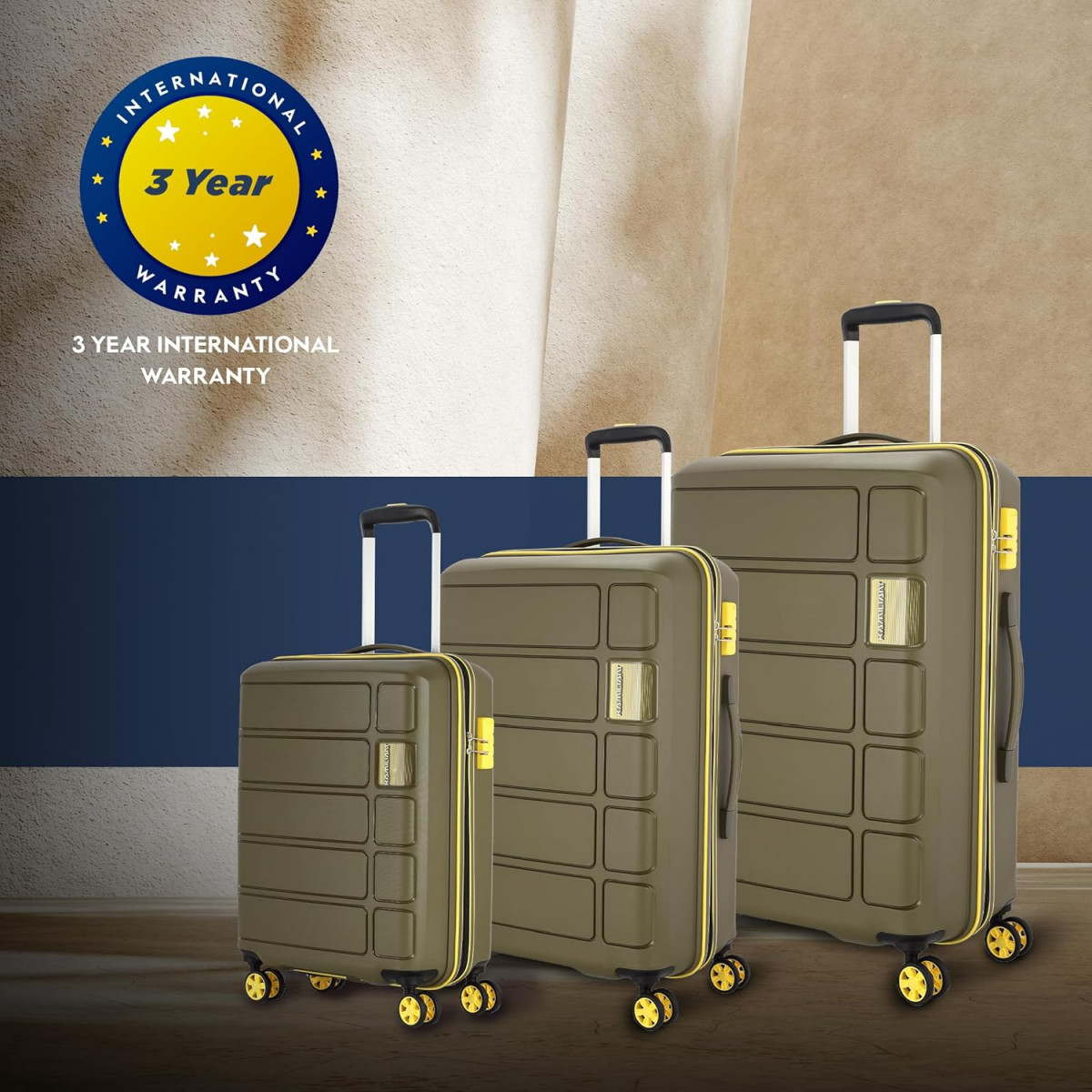 American Tourister Kamiliant Harrier Zing 3 Pc Set 56 cms 68 cms  78 cms- Small Medium  Large PP Hard Sided 8 Wheels Spinner Luggage SetSuitcase SetTrolley Bag Set Miliatry Olive
