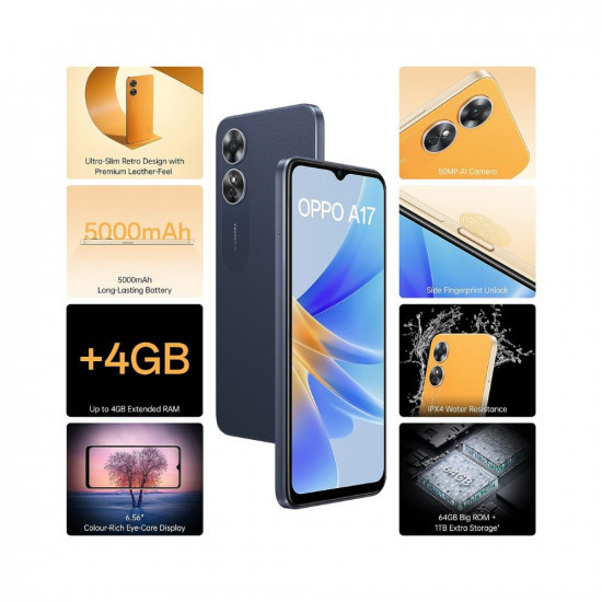 AMN Oppo A17 Midnight Black 4GB RAM 64GB Storage with No Cost EMIAdditional Exchange Offers