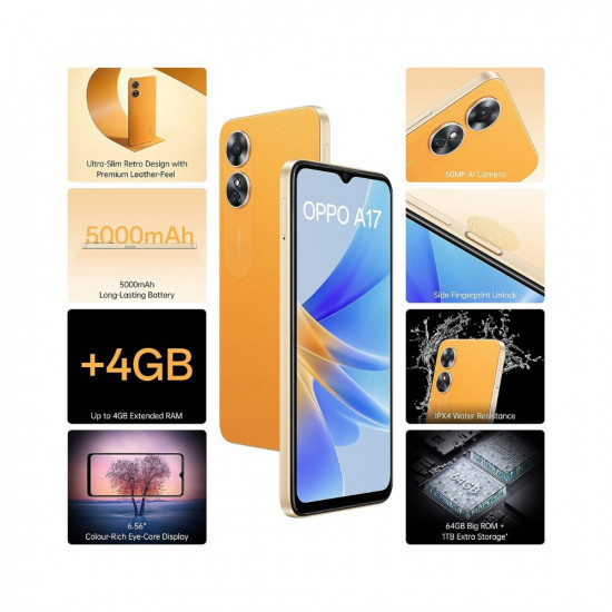 AMN Oppo A17 Sunlight Orange 4GB RAM 64GB Storage with No Cost EMIAdditional Exchange Offers