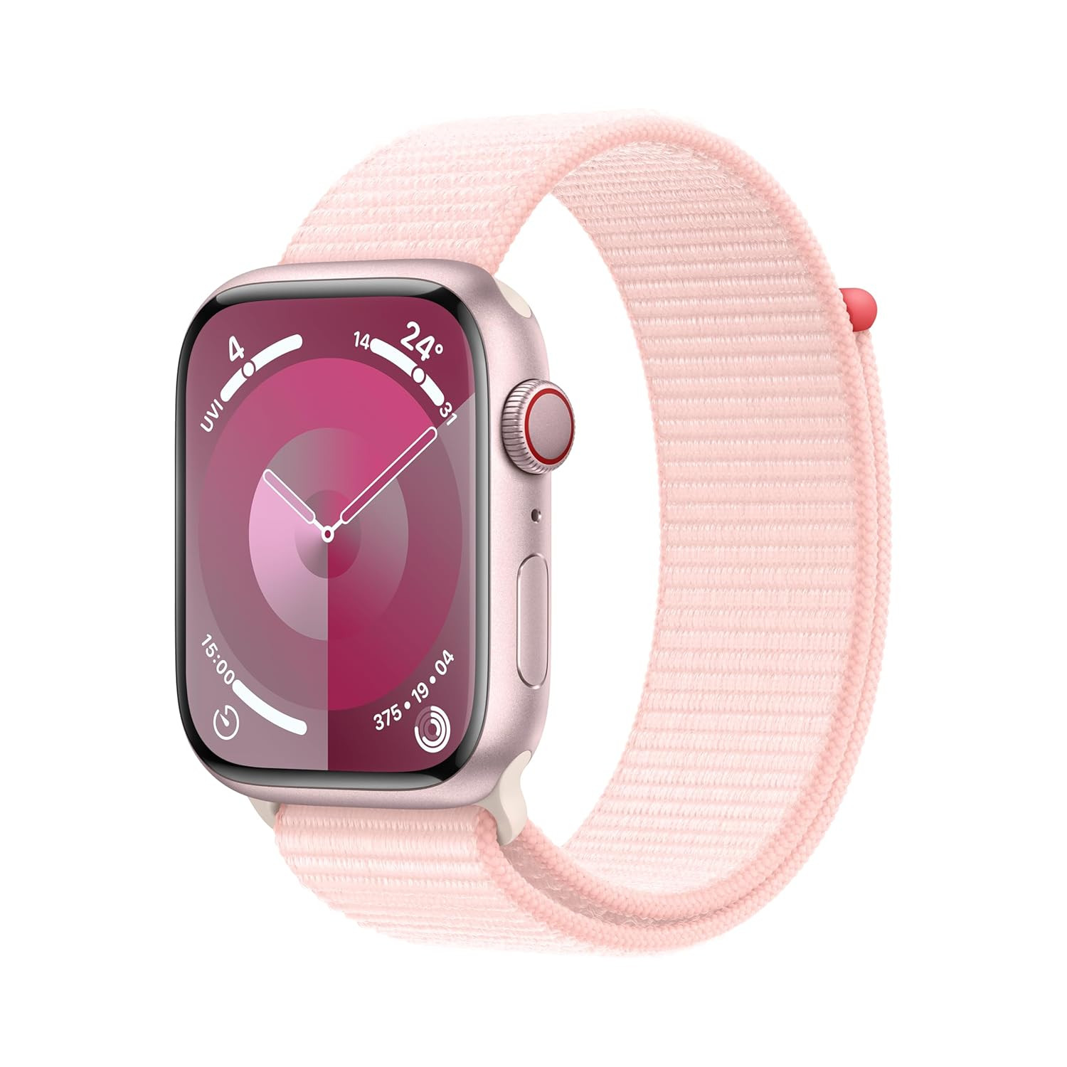 Apple Watch Series 9 GPS  Cellular 45mm Smartwatch with Pink Aluminum Case with Light Pink Sport Loop One Size Fitness Tracker Blood Oxygen  ECG Apps Always-On Retina Display Water Resistant