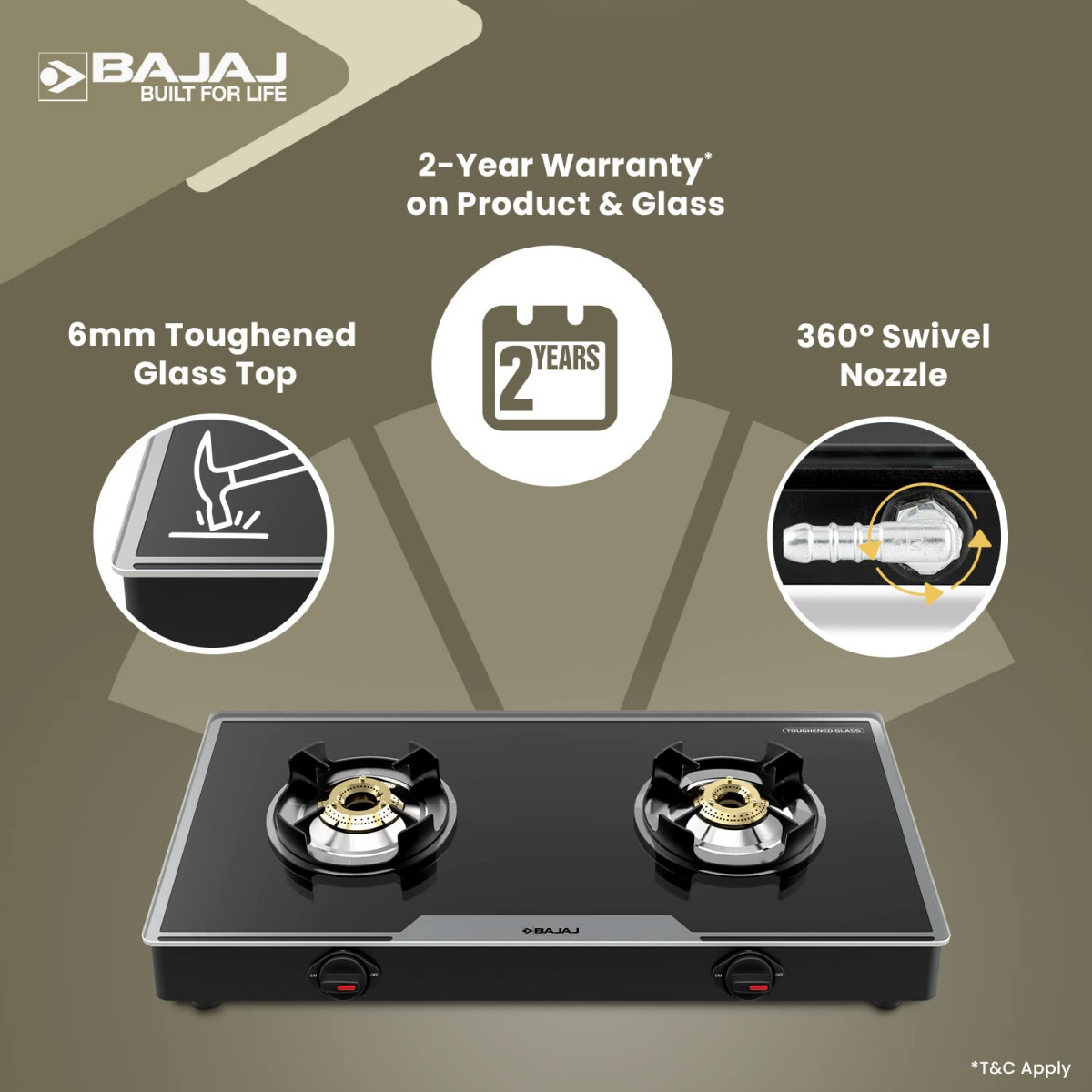 Bajaj 2Brgp7 Stainless Steel Glass Top Gas Stove with 2 Brass Burners Isi Certified Anti-Viral  Anti-Bacterial Coating Black Regular Open