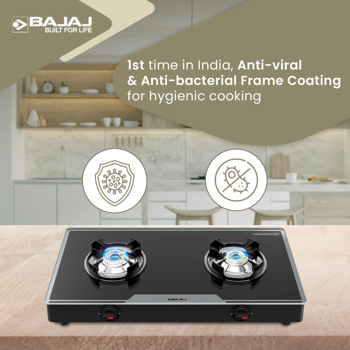 Bajaj 2Brgp7 Stainless Steel Glass Top Gas Stove with 2 Brass Burners Isi Certified Anti-Viral  Anti-Bacterial Coating Black Regular Open