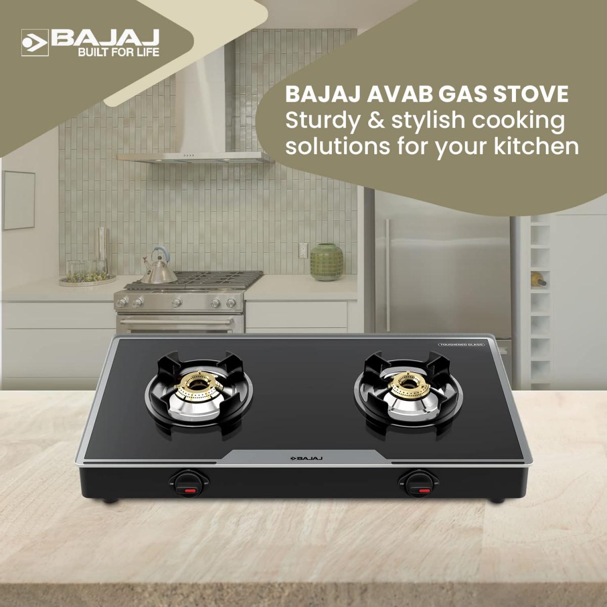 Bajaj 2Brgp7 Stainless Steel Glass Top Gas Stove with 2 Brass Burners Isi Certified Anti-Viral  Anti-Bacterial Coating Black Regular Open