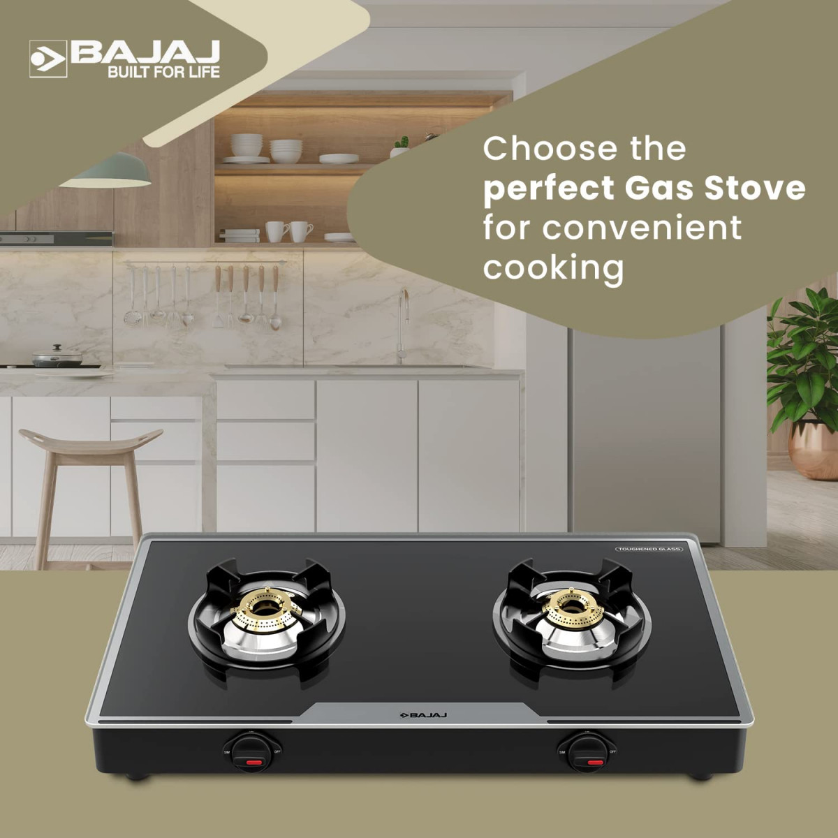 Bajaj 2Brgp7 Stainless Steel Glass Top Gas Stove with 2 Brass Burners Isi Certified Anti-Viral  Anti-Bacterial Coating Black Regular Open