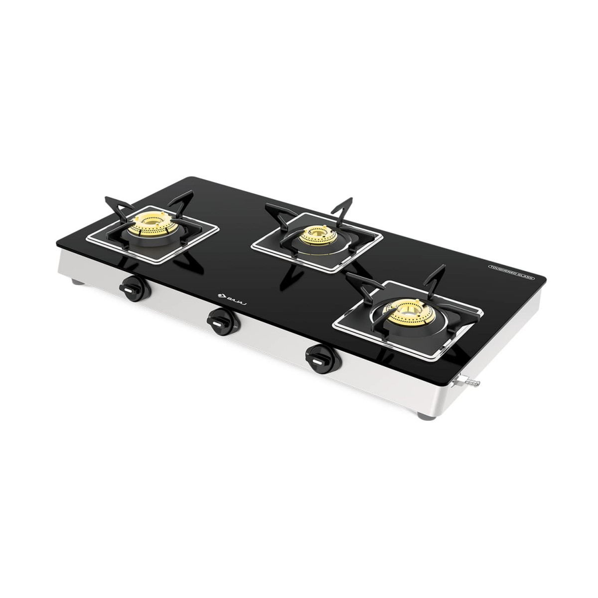 Bajaj 3BJGS7 Stainless Steel Glass Top Gas Stove with 3 Brass Burners ISI Certified Black Regular