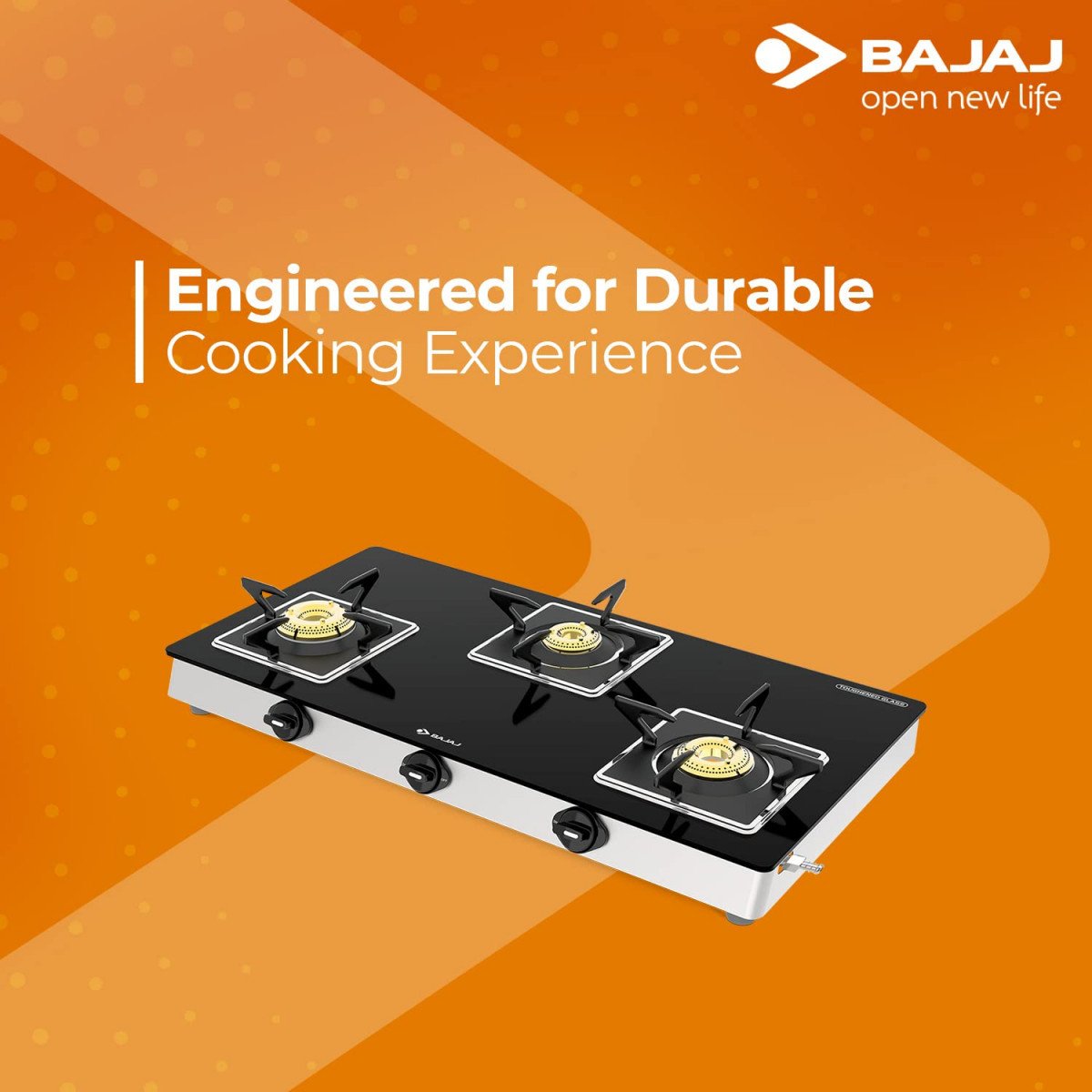 Bajaj 3BJGS7 Stainless Steel Glass Top Gas Stove with 3 Brass Burners ISI Certified Black Regular