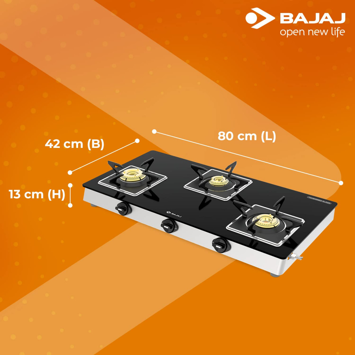 Bajaj 3BJGS7 Stainless Steel Glass Top Gas Stove with 3 Brass Burners ISI Certified Black Regular