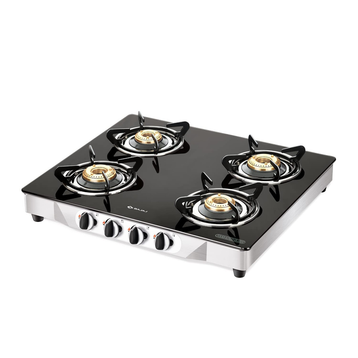 Bajaj CGX4 4-Burner Stainless Steel  Glass ISI Certified Gas Stove Black Manual