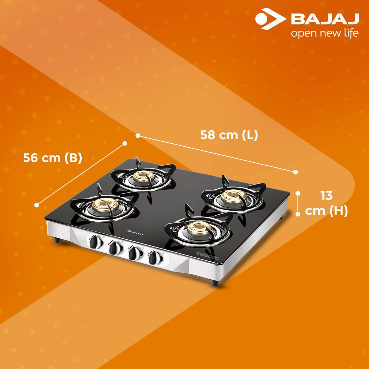 Bajaj CGX4 4-Burner Stainless Steel  Glass ISI Certified Gas Stove Black Manual