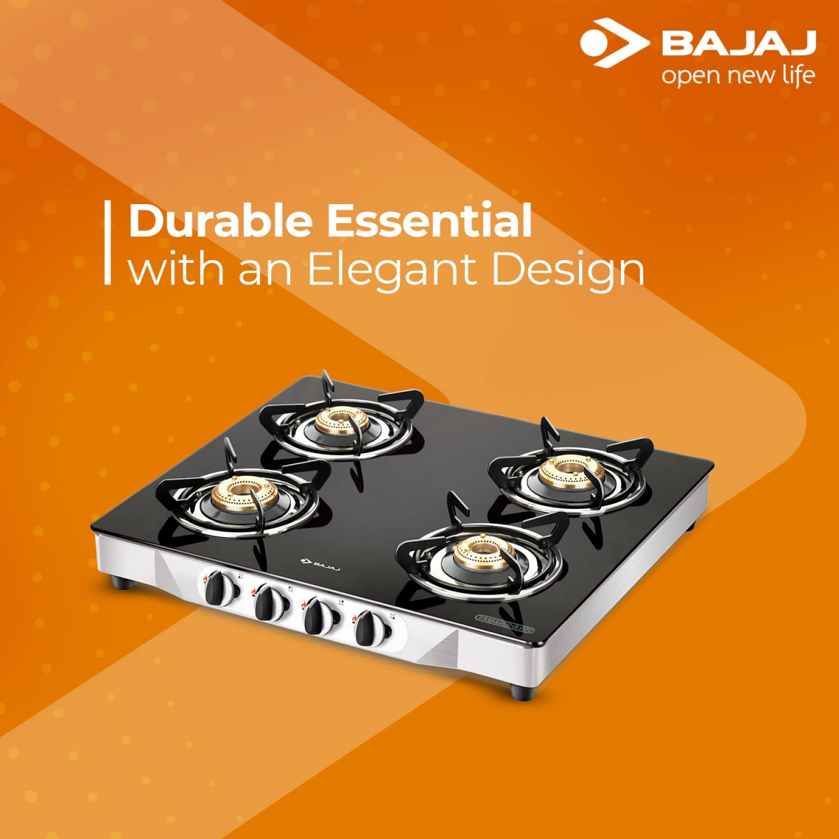 Bajaj CGX4 4-Burner Stainless Steel  Glass ISI Certified Gas Stove Black Manual