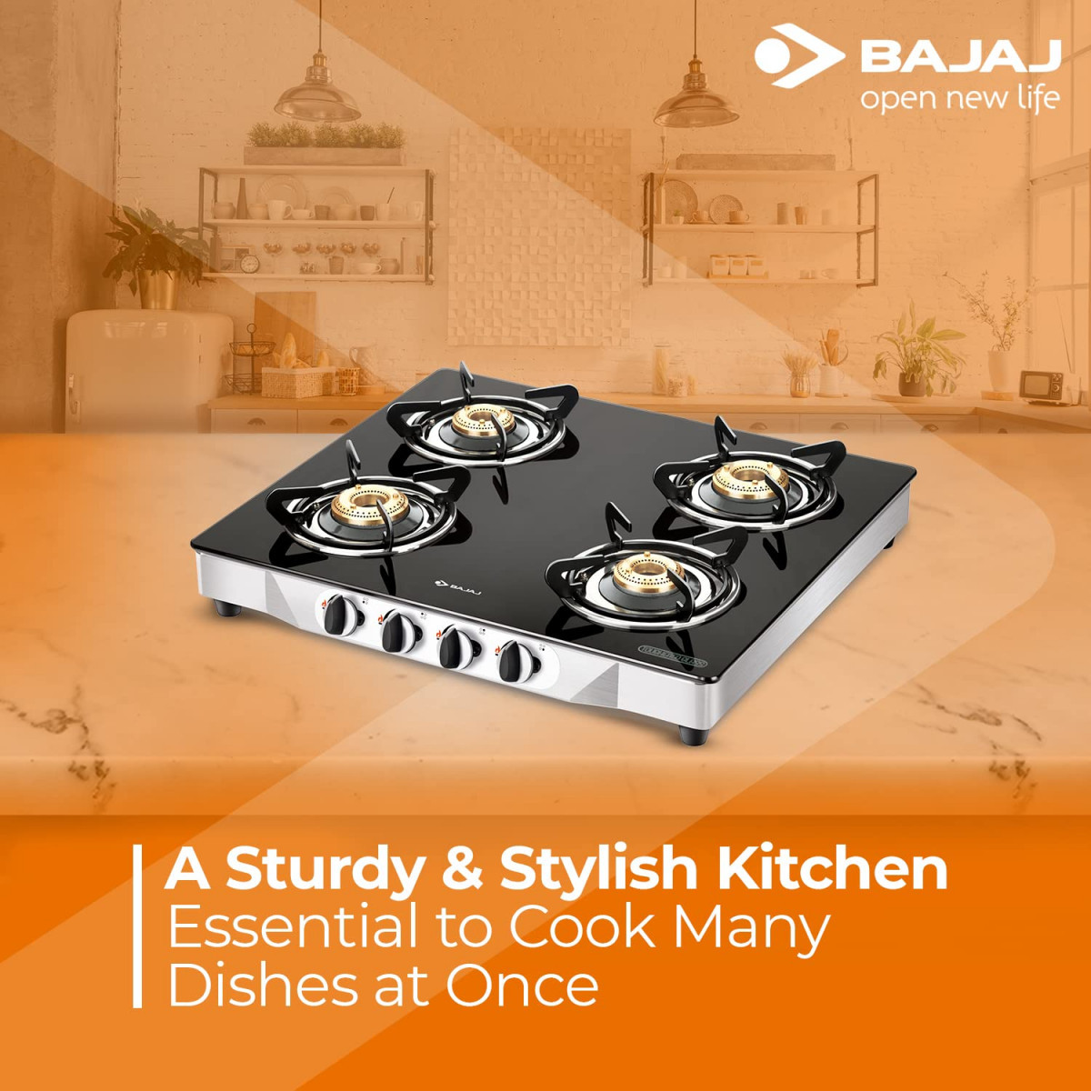 Bajaj CGX4 4-Burner Stainless Steel  Glass ISI Certified Gas Stove Black Manual