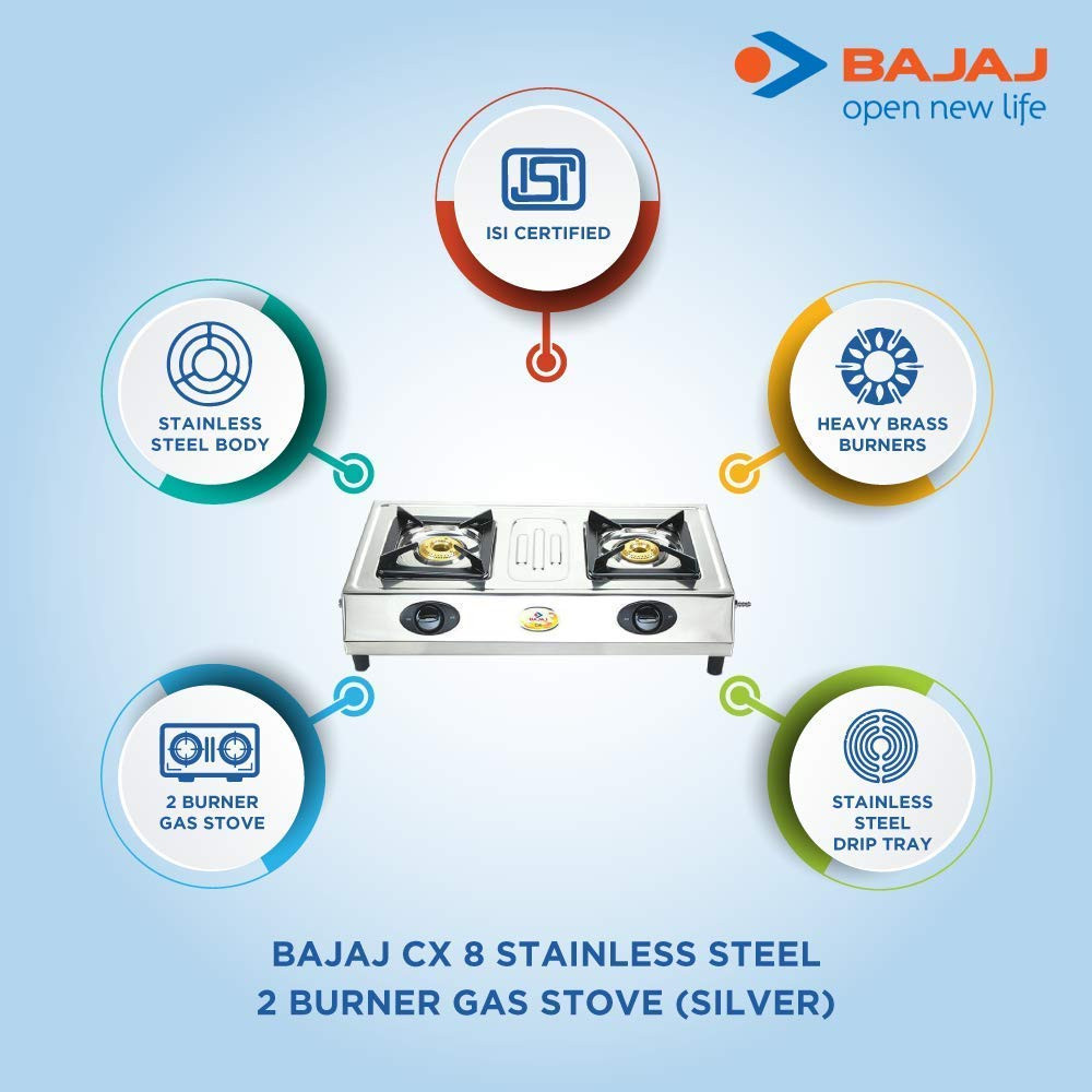 Bajaj Cx 8 Stainless Steel 2 Burner Open Gas Stove Silver