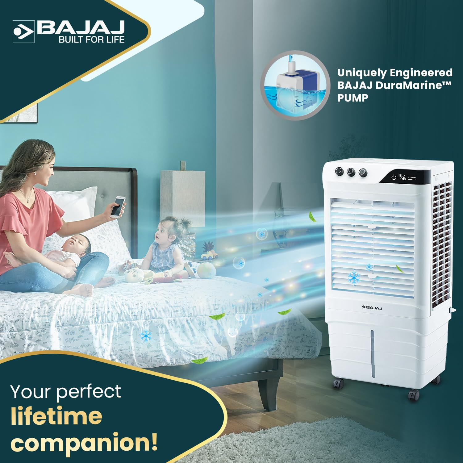 Bajaj DMH 90 Neo 90L Desert Air Cooler DuraMarine Pump Hexacool TurboFan Technology Ice Chamber 90-Feet Air Throw 3-Speed Control White Cooler