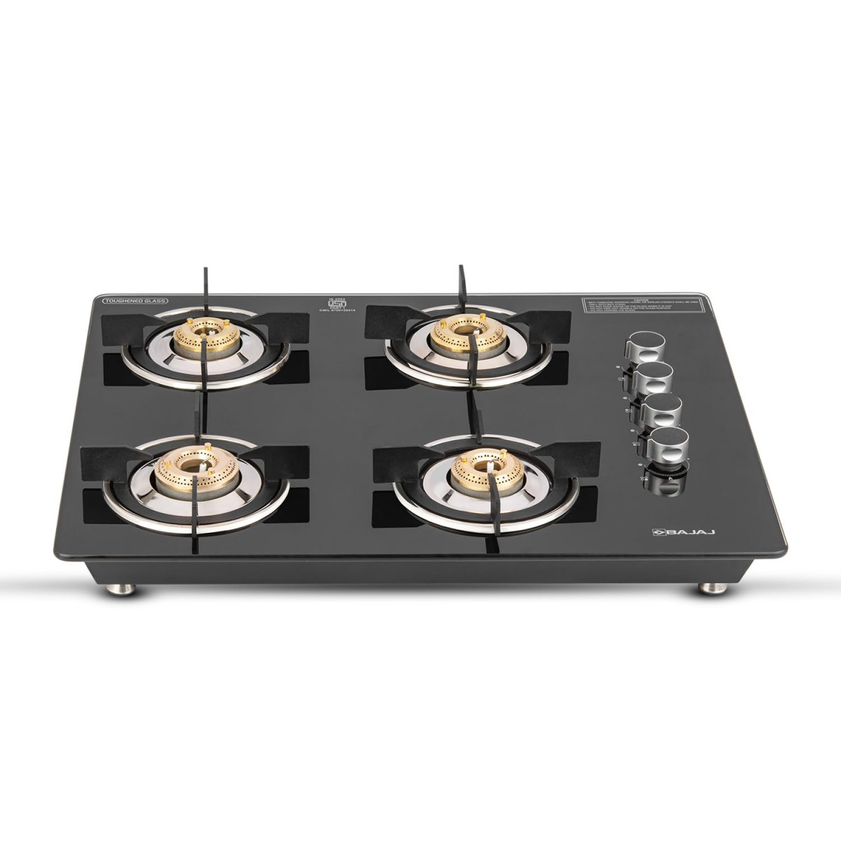 Bajaj Dual Hob Top  Gas Stove 4 Burners8mm Toughened Glasstop Smart Swivel Nozzle Stainless Steel DripTrayBrass BurnersISI Certified 2-Yr Warranty by Bajaj Black