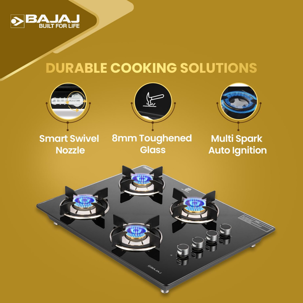 Bajaj Dual Hob Top  Gas Stove 4 Burners8mm Toughened Glasstop Smart Swivel Nozzle Stainless Steel DripTrayBrass BurnersISI Certified 2-Yr Warranty by Bajaj Black