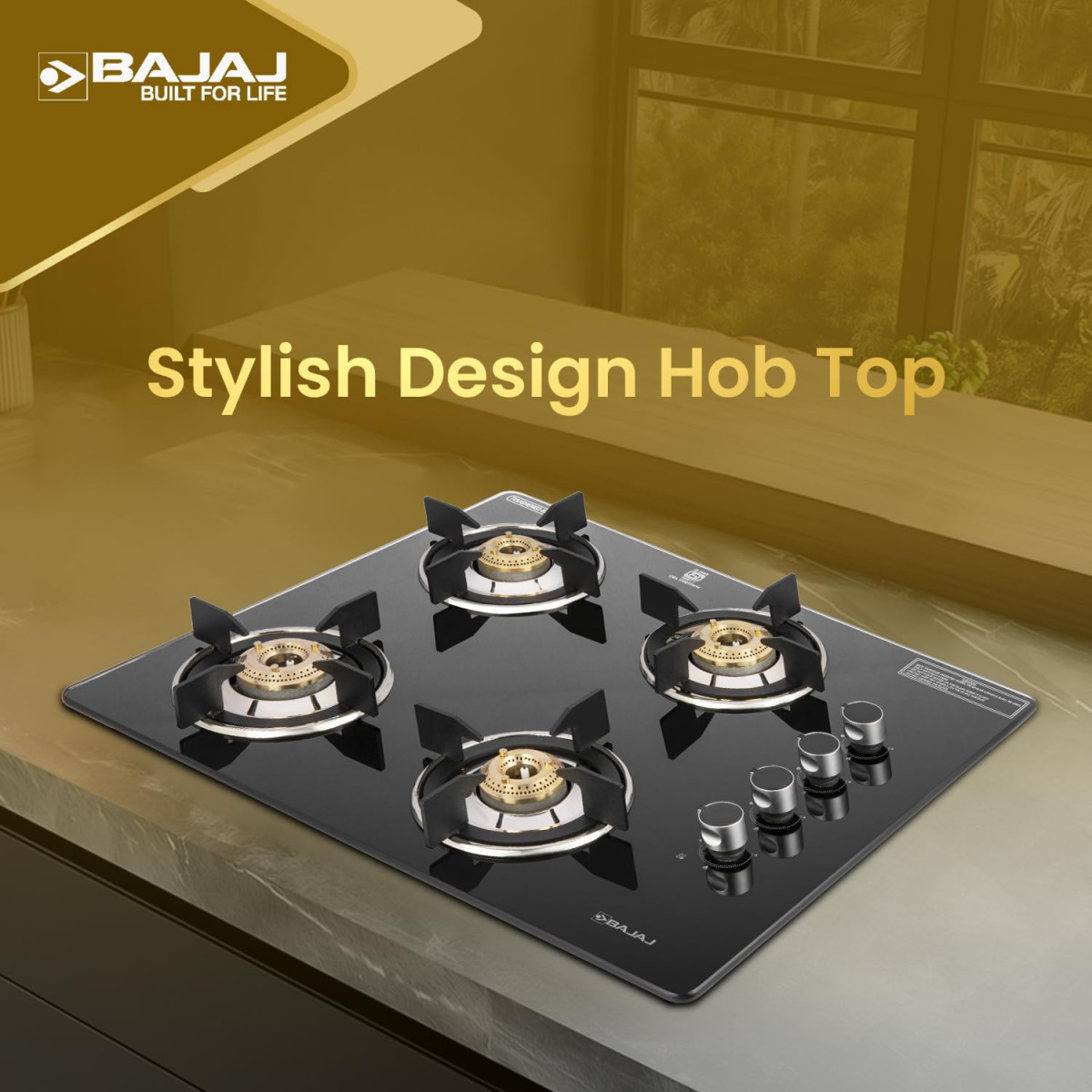 Bajaj Dual Hob Top  Gas Stove 4 Burners8mm Toughened Glasstop Smart Swivel Nozzle Stainless Steel DripTrayBrass BurnersISI Certified 2-Yr Warranty by Bajaj Black