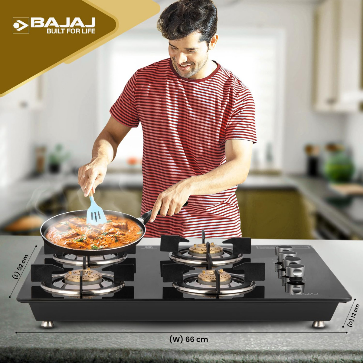 Bajaj Dual Hob Top  Gas Stove 4 Burners8mm Toughened Glasstop Smart Swivel Nozzle Stainless Steel DripTrayBrass BurnersISI Certified 2-Yr Warranty by Bajaj Black