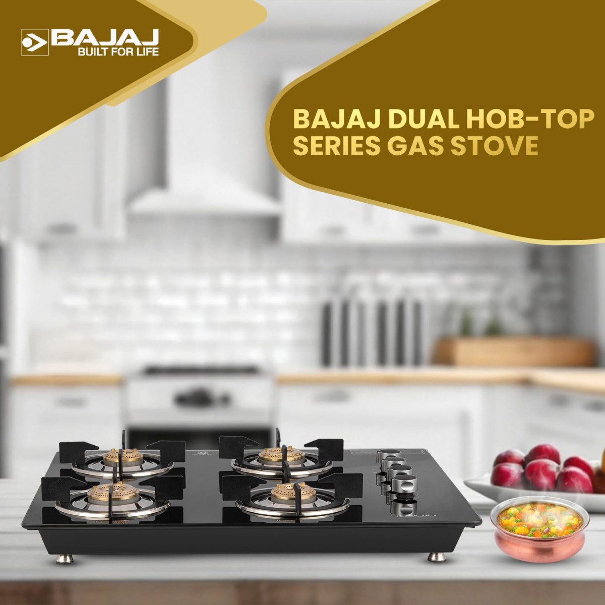 Bajaj Dual Hob Top  Gas Stove 4 Burners8mm Toughened Glasstop Smart Swivel Nozzle Stainless Steel DripTrayBrass BurnersISI Certified 2-Yr Warranty by Bajaj Black