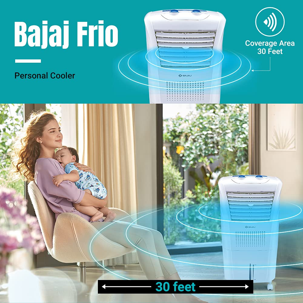 Bajaj Frio New 23L Air Cooler Typhoon Blower Anti-Bacterial Cooling DuraMarine Pump Inverter Compatible 30 Feet Air Throw White Personal Cooler