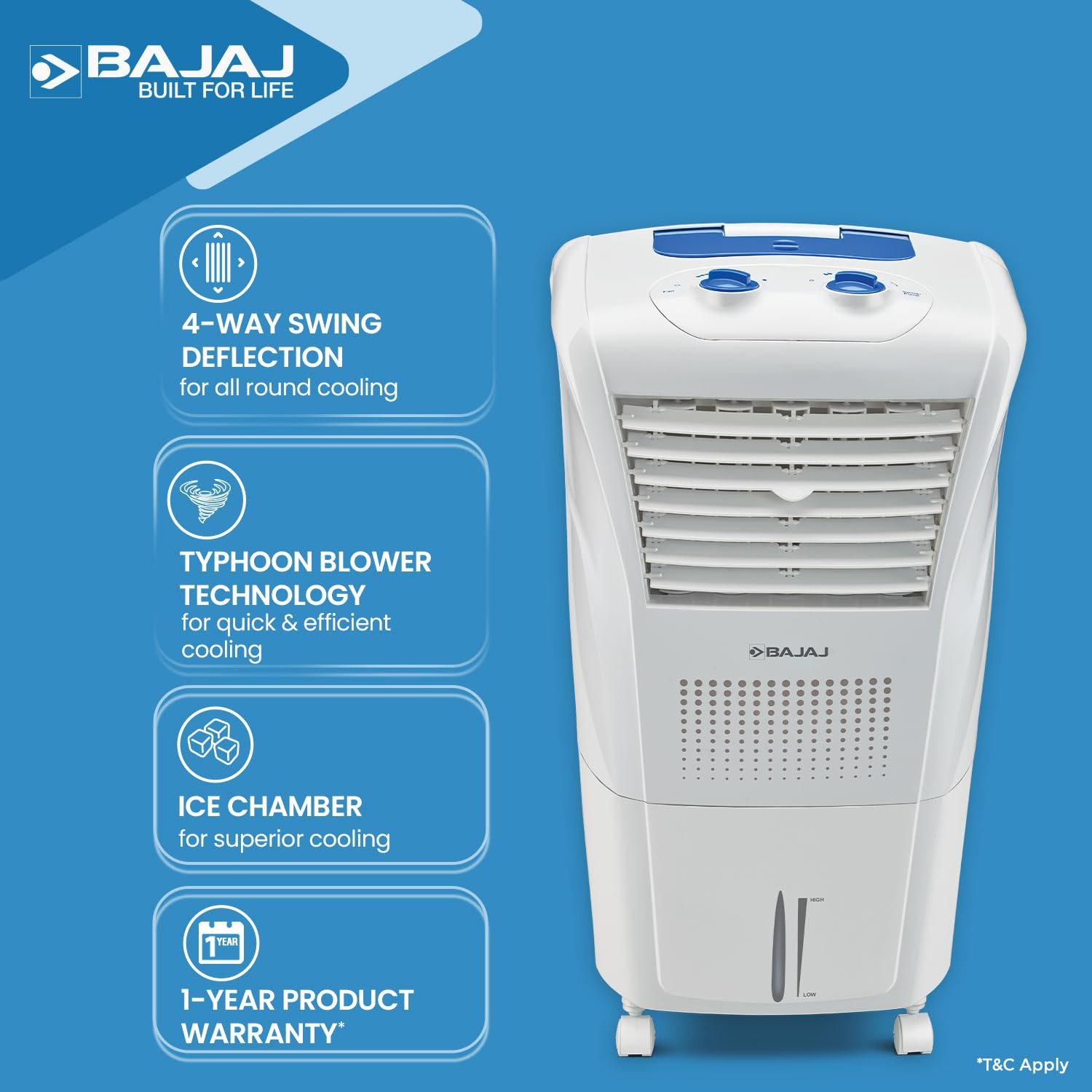 Bajaj Frio New Personal Air Cooler 23LMini CoolerAnti-Bacterial Honeycomb Cooling PadsInverter Compatability20Ft Powerful Air ThrowIce Chamber3-Yr Product 2-Yr Pump 1-Yr Motor WarrantyWhite