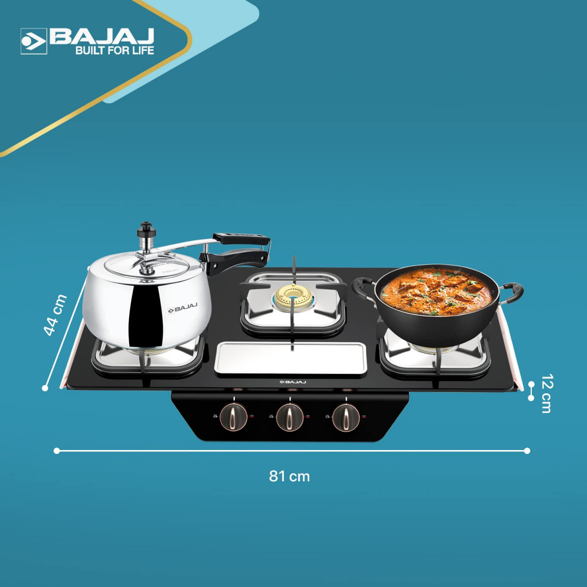 Bajaj Gf8 Frameless Glasstop Gas Stove 3 Burner with 1 Jumbo Burner Black Open