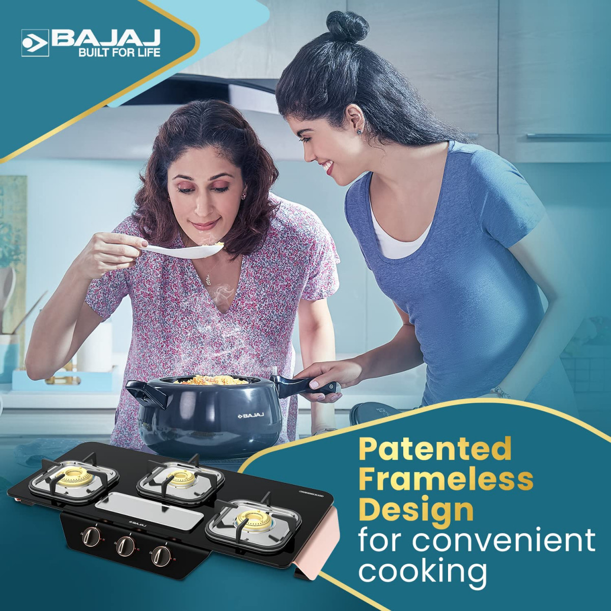 Bajaj Gf8 Frameless Glasstop Gas Stove 3 Burner with 1 Jumbo Burner Black Open