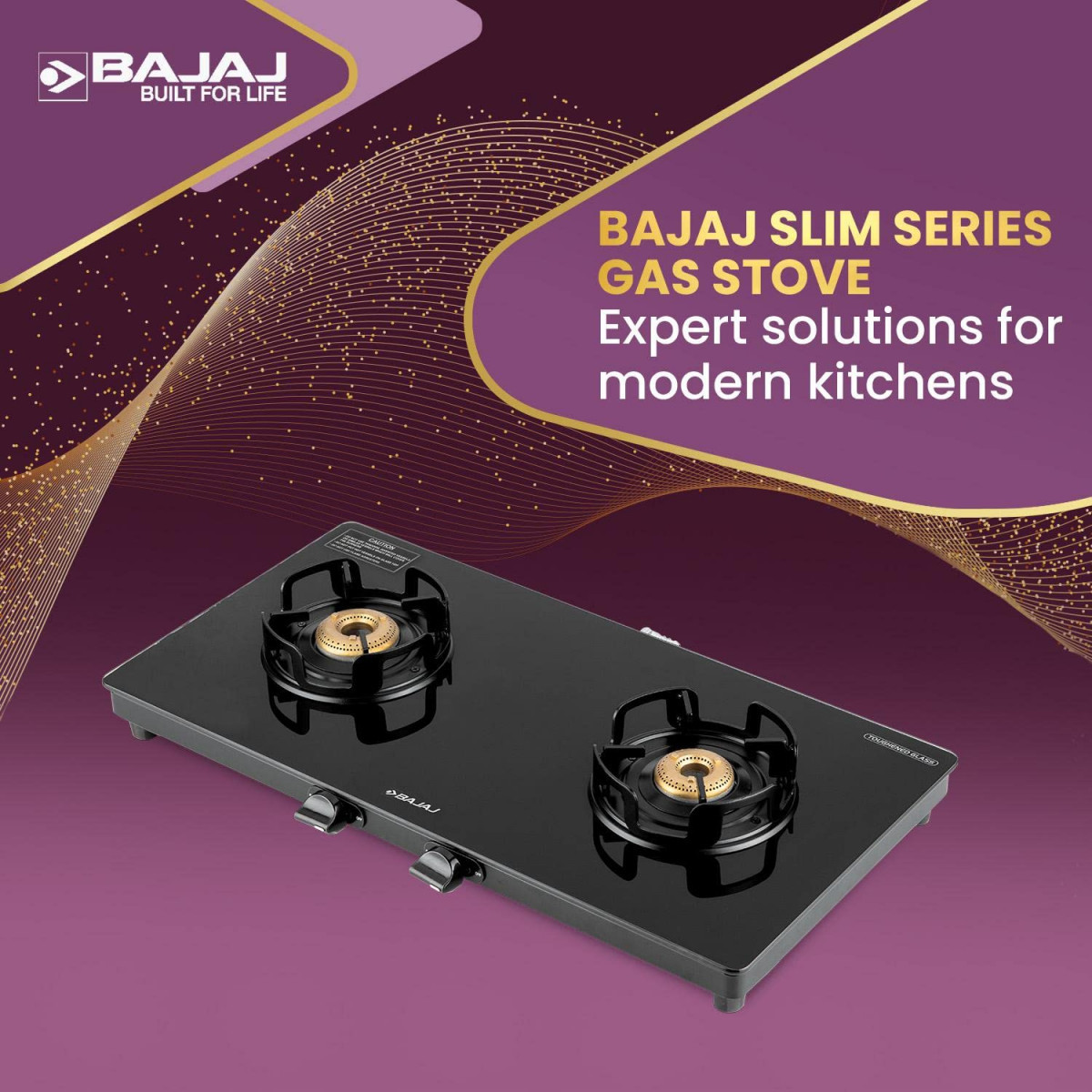 Bajaj Gp4 Powder Coated Slim Glasstop Gas Stove 2 Burner Black Open