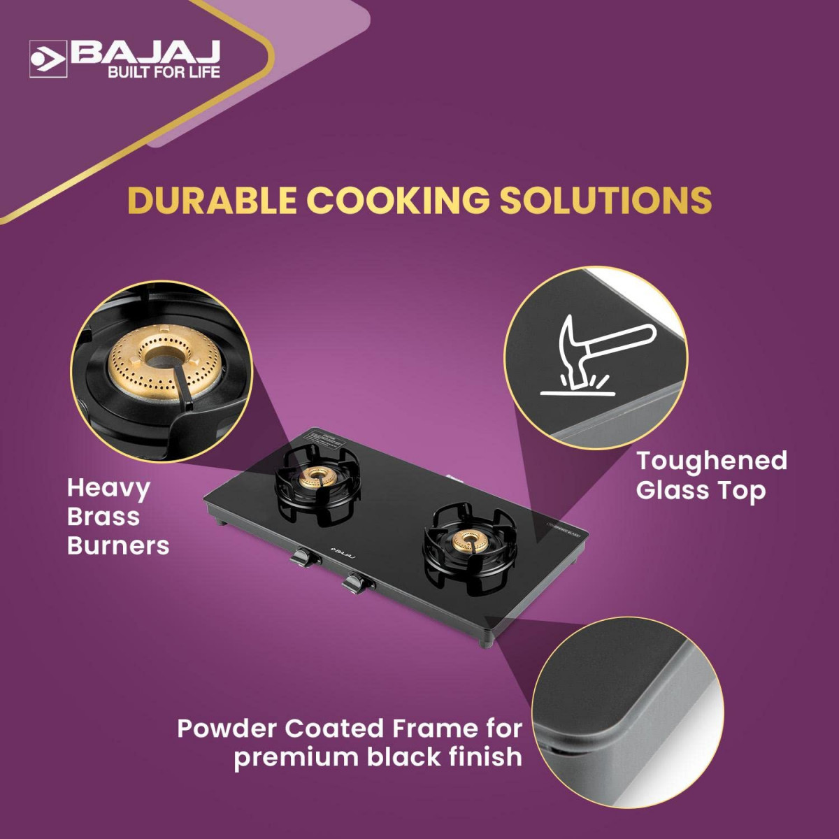 Bajaj Gp4 Powder Coated Slim Glasstop Gas Stove 2 Burner Black Open