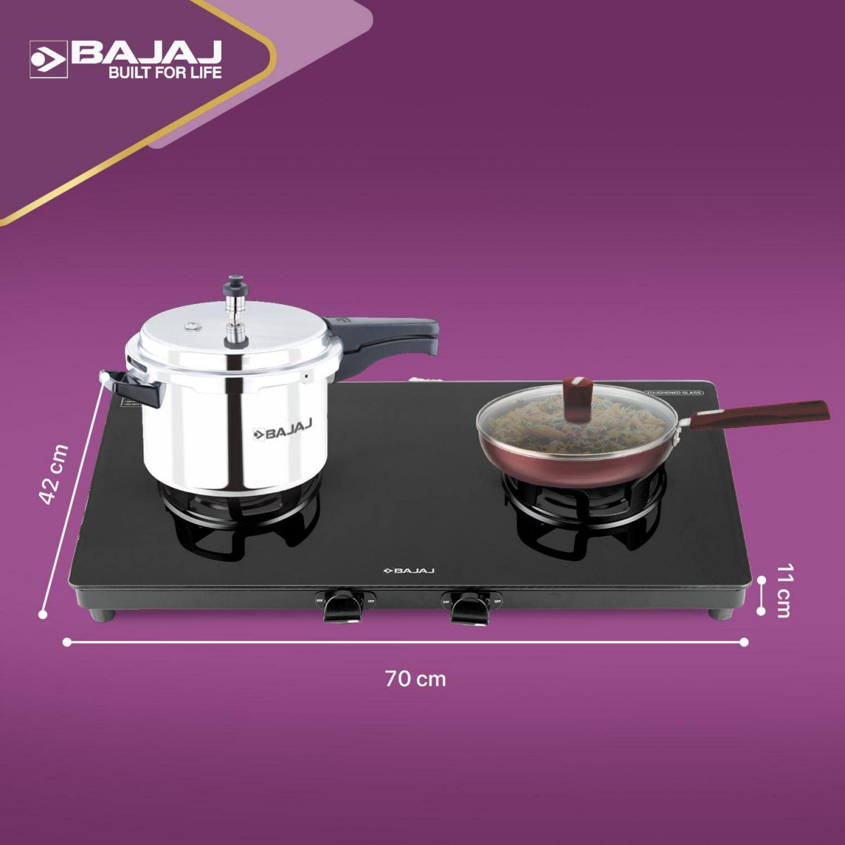 Bajaj Gp4 Powder Coated Slim Glasstop Gas Stove 2 Burner Black Open