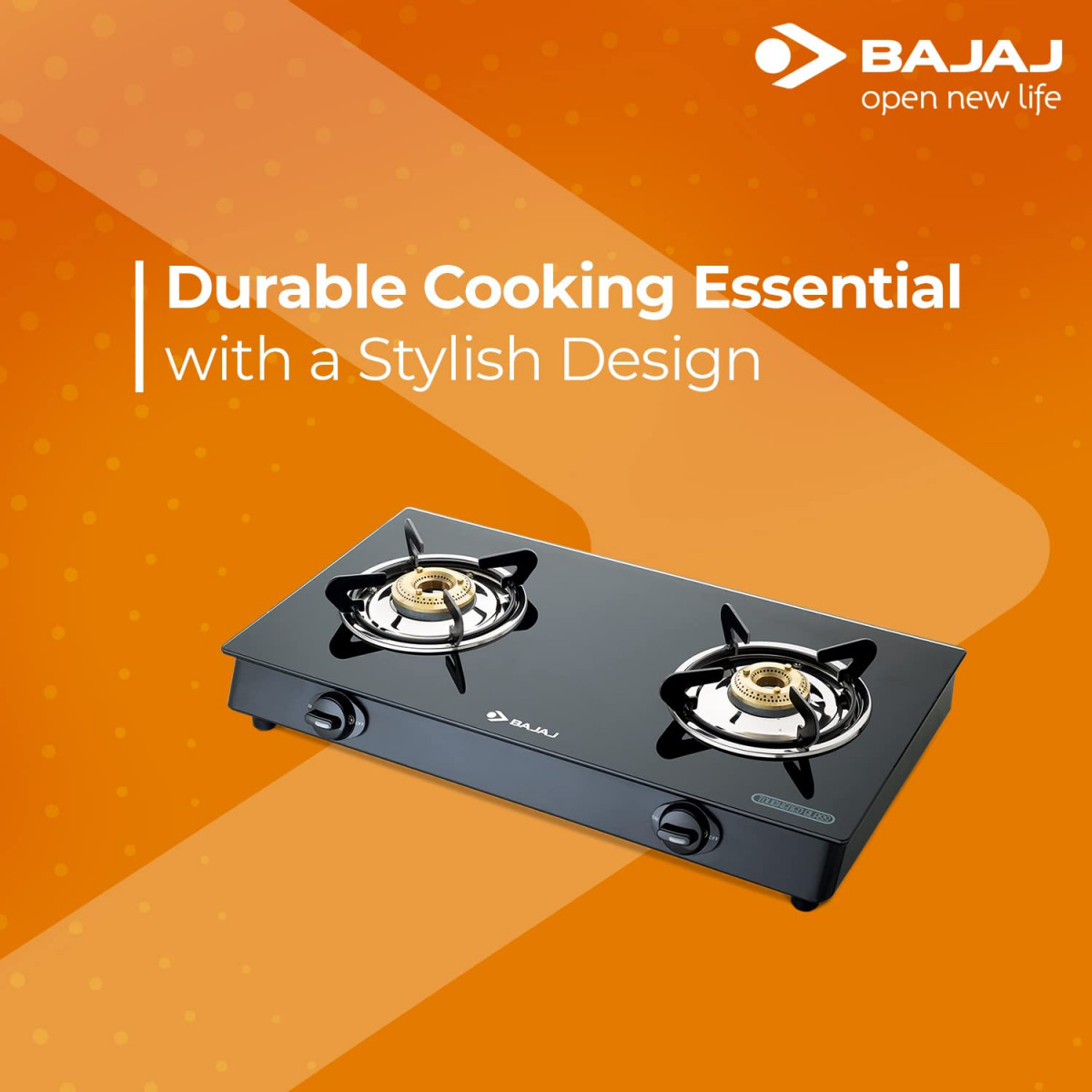 Bajaj GP6 2-Burner Stainless Steel  Glass Gas Stove Manual Black ISI Certified