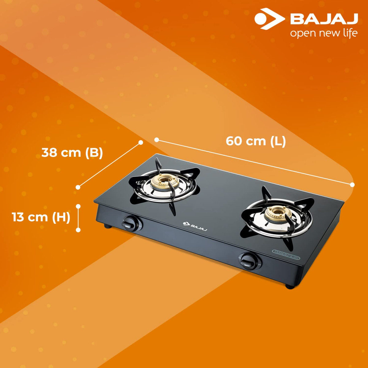 Bajaj GP6 2-Burner Stainless Steel  Glass Gas Stove Manual Black ISI Certified