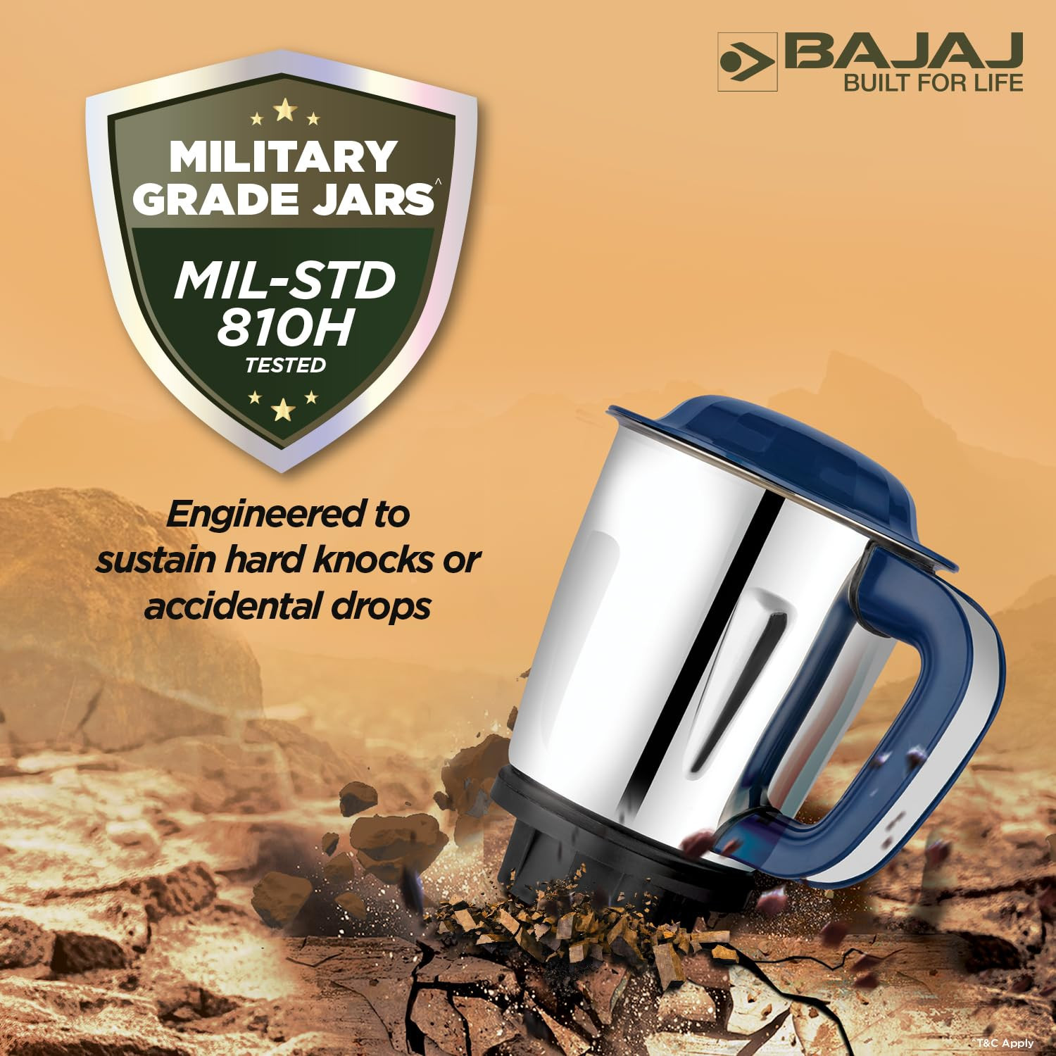 Bajaj Military Series Glamore 800W Mixer Grinder 3 Stainless Steel Military Grade Jars DuraCut Blades Royal Blue