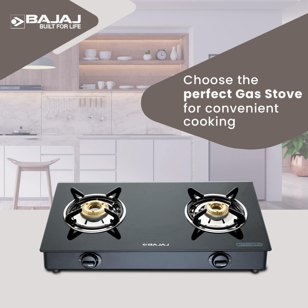 Bajaj NBAI Powder Coated Glasstop Gas Stove with Non Battery Auto Ignition 2 Burner Black