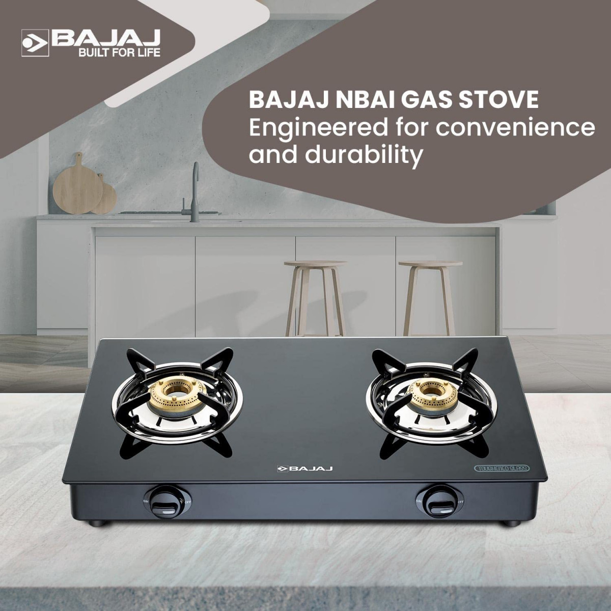 Bajaj NBAI Powder Coated Glasstop Gas Stove with Non Battery Auto Ignition 2 Burner Black