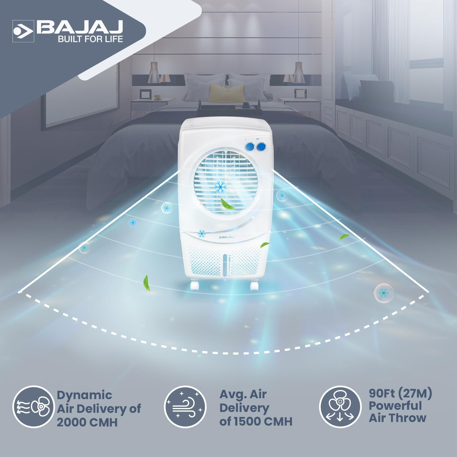 Bajaj PMH 36 Torque 36L Air Cooler TurboFan Technology Powerful Air Throw Personal Cooler Portable Air Cooler Durable Pump 3-Speed Control White