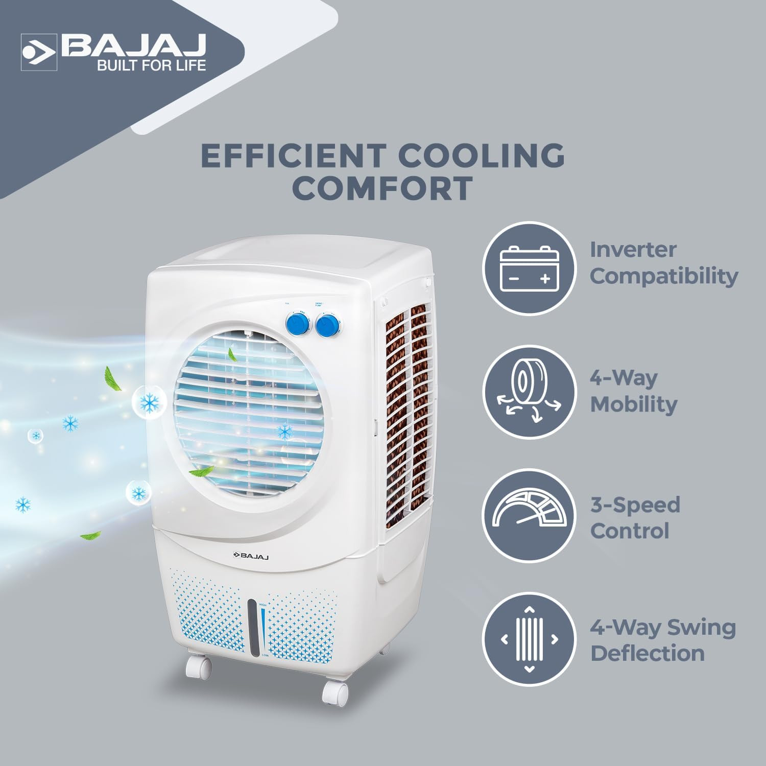 Bajaj PMH 36 Torque 36L Personal Air Cooler For Room Duramarine Pump with 2-Yr Pump Warranty 3-Yr Warranty 1 Yr Std  2 Yr Extn TurboFan Technology Powerful Air Throw 3-Speed Control Portable