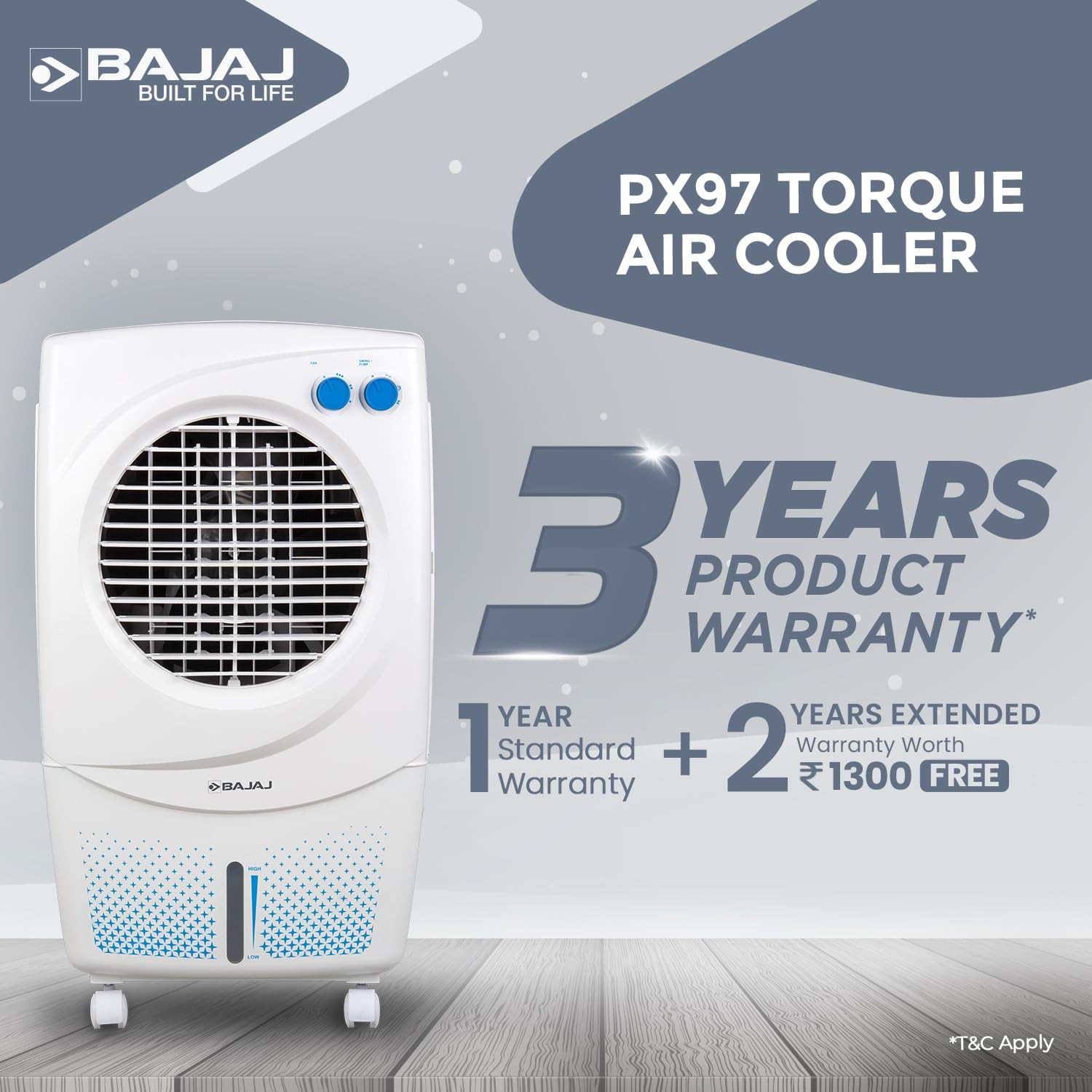 Bajaj PX 97 Torque New 36L Personal Air Cooler For HomeHoneycomb PadHigh Speed Fan 30Ft Powerful Air ThrowInverter compatible Portable Cooler-Room3-Yr Product 2-Yr Pump 1-Yr Motor WarrantyWhite