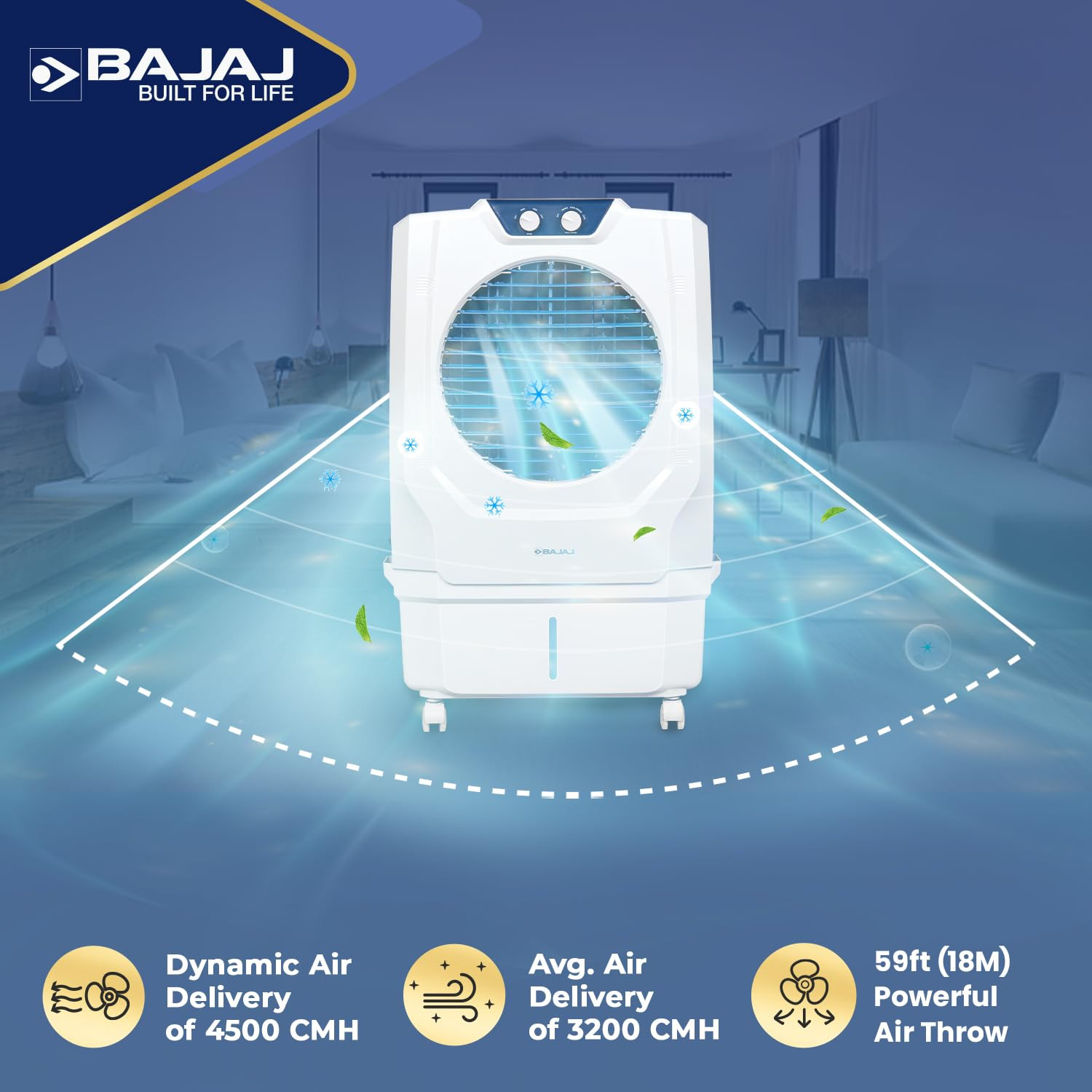 Bajaj Shield Series Arteon 55L Desert Air Cooler for HomeDual Side Water InletInverter ReadyAnti-Bacterial Honeycomb Pads60Ft Air ThrowIce Chamber3-Yr Product 3-Yr Pump 1-Yr Motor WarrantyWhite