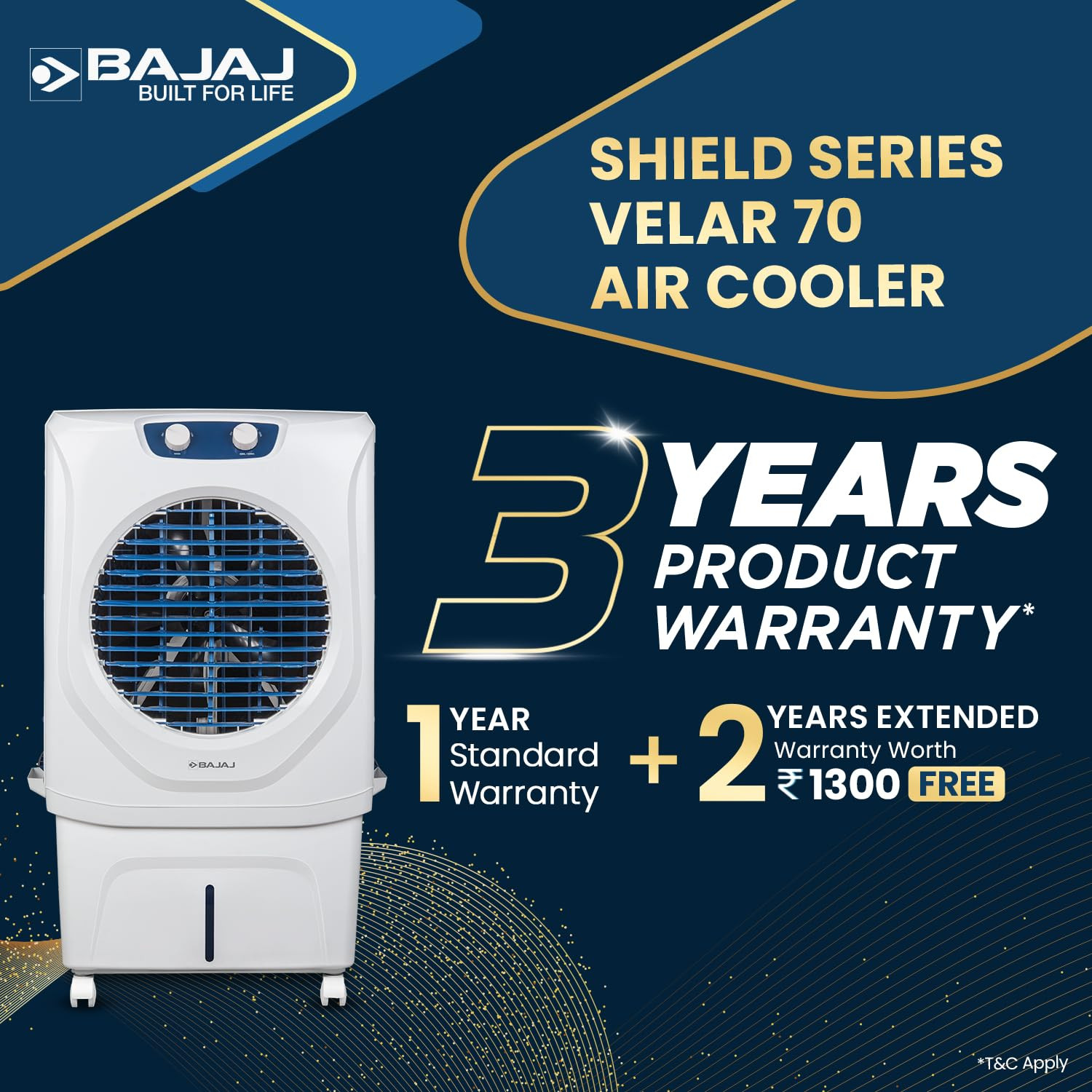 Bajaj Shield Series Velar 70L Desert Air Cooler for HomeAnti-Bacterial Honeycomb PadsInverter Ready80Ft Air ThrowDual Side Water InletIce Chamber3-Yr Pump 3-Yr Motor 3-Yr Product WarrantyWhite